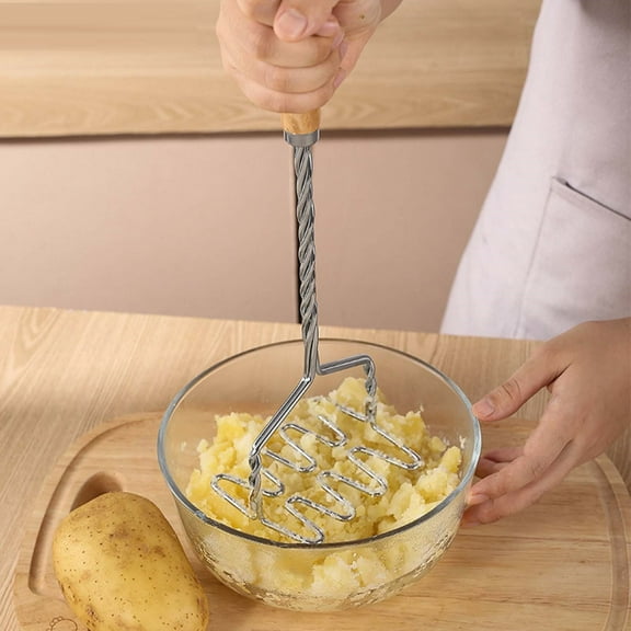 Stainless Steel Potato Masher, Heavy Duty Press with Wooden Handle, Rust-Proof Food Mill for Baby Food Puree, Kitchen Crushing Tool with Hanging Hole, Easy Clean Mash Smasher