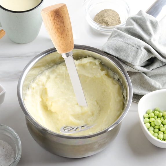 Stainless Steel Potato Masher with Wooden Handle | 2-in-1 Manual Food Masher for Potatoes & Vegetables | Includes 1 Masher