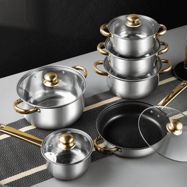 Stainless Steel Pots And Pans Set, 12 Pieces Kitchen Cookware Set, Cooking Set With Stay-Cool Handles, Dishwasher Safe,Works With Induction/Electric And Gas Cooktops (Advanced Gold)