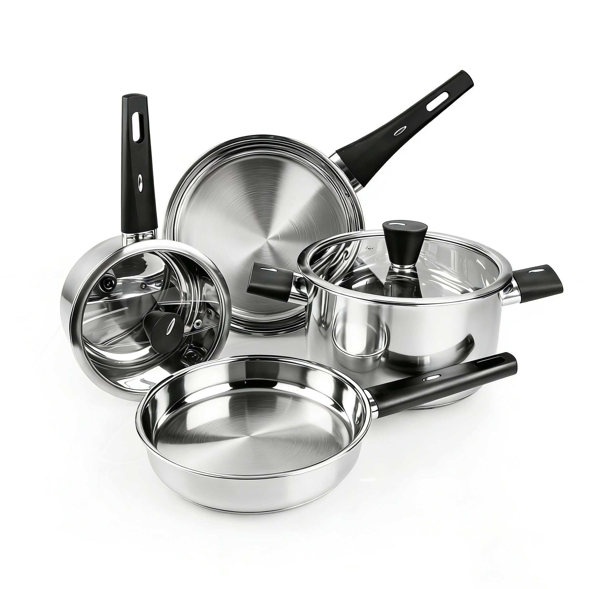 Stainless Steel Pots and Pans Set Non Toxic, 6PCs Kitchen Cookware Sets with Stay-Cool Handles, Dishwasher Safe&Compatible with All Stovetops(Gas,Electric&Induction)