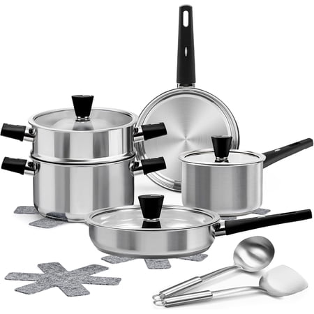 Stainless Steel Pots and Pans Set Non Toxic, 6PCs Kitchen Cookware Sets with Stay-Cool Handles, Non-Stick, Dishwasher Safe&Compatible with All Stovetops(Gas,Electric&Induction)