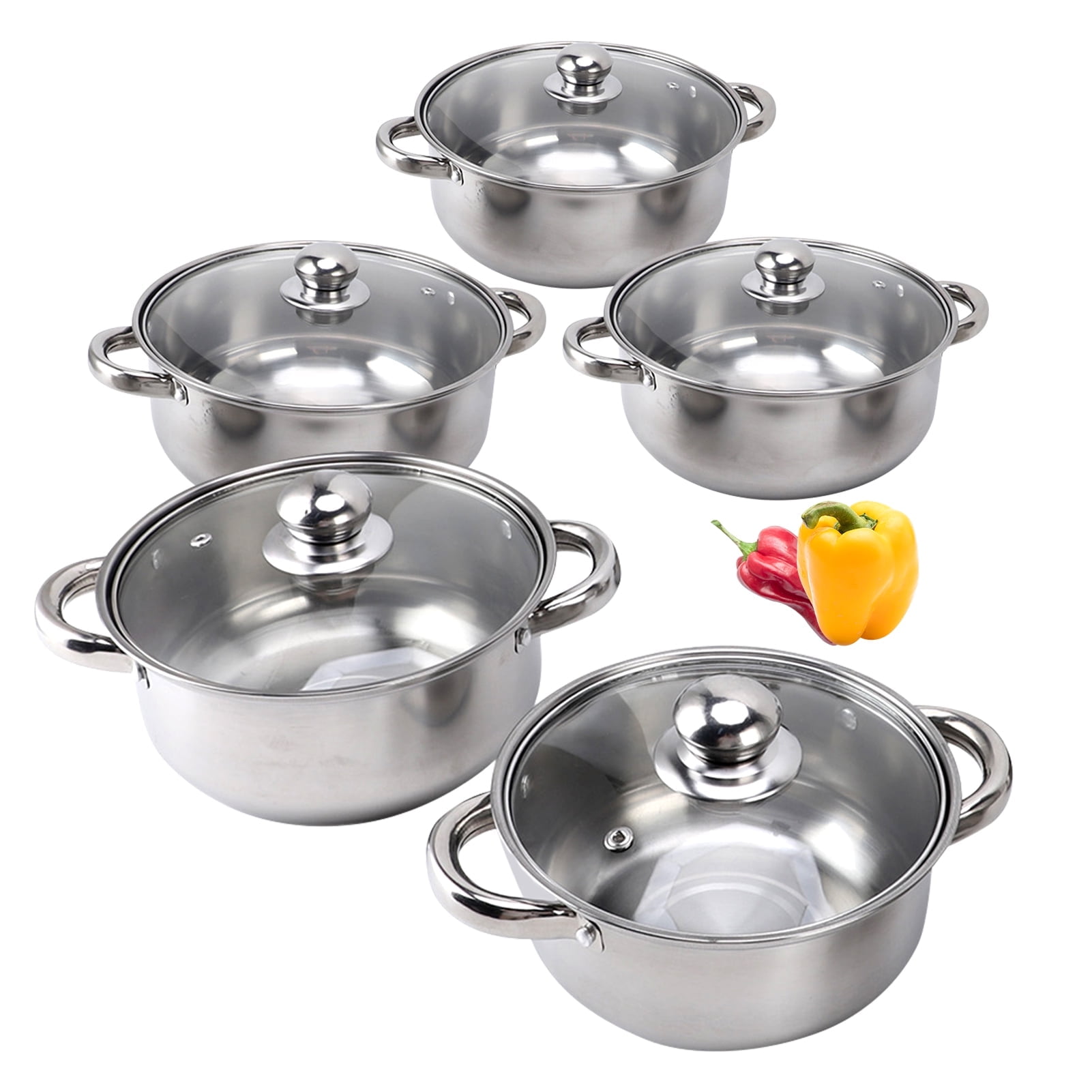 Walmart Deals of Stainless Steel Pots Sets 10-Piece, Kitchen Cookware Set Saucepan With Glass Lid Stockpot Soup Pot With 2 Ear Handle For Cooking Dishwasher , Silver