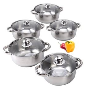Stainless Steel Pots Sets 10-Piece, Kitchen Cookware Set Saucepan With Glass Lid Stockpot Soup Pot With 2 Ear Handle For Cooking Dishwasher , Silver