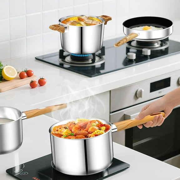 Stainless Steel Pots and Pans Set, 13 Pcs Non Stick Cookware with Glass Lids & Wooden Handles, Induction Safe, Dishwasher Friendly