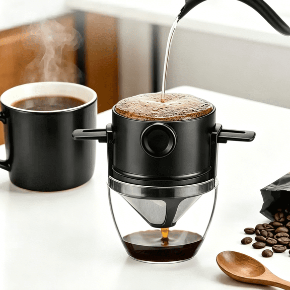 LAKNUY Stainless Steel Pour over Coffee Drip Cone with Clear Base Cup, Reusable Foldable Paperless Filter for home & travel