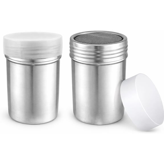 Stainless Steel Powdered Sugar Dredge Shaker & Flour Sifter with Lid - Fine Mesh Dredger for Cinnamon, Salt, Pepper (2, 10 Oz)