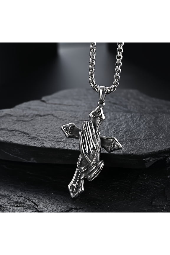 Stainless Steel Praying Hand Necklace With Cross Charm - Stylish Daily Accessory For Faithful Individuals