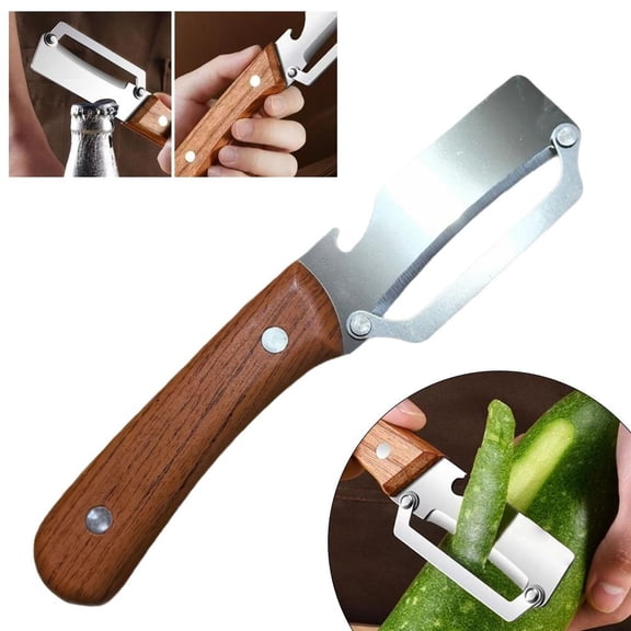 Stainless Steel Premium Vegetable Peeler with Wooden Handle - Heavy Duty Fruit Peeler with Integrated Bottle Opener - Manual Potato & Pumpkin Parer for Kitchen