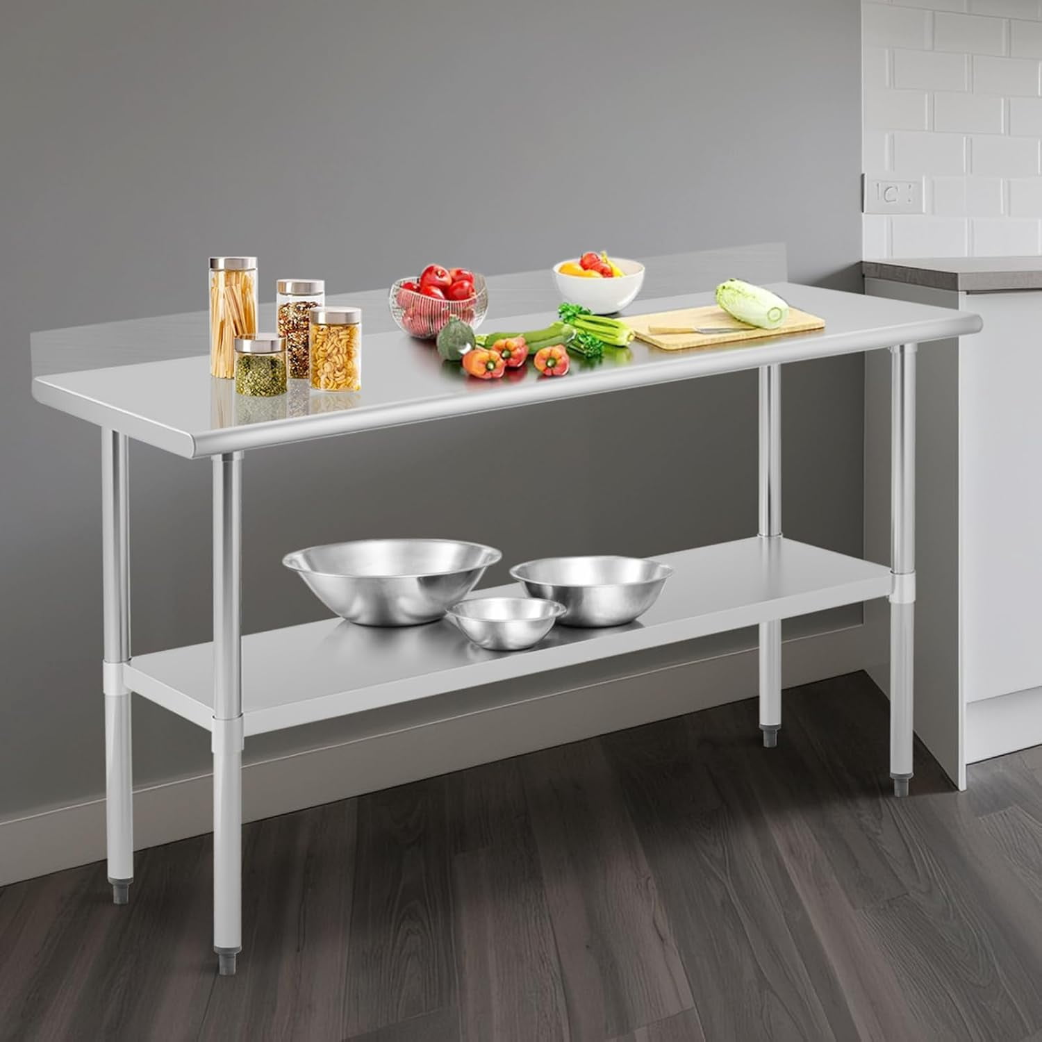 Stainless Steel Prep Table, 2-Tier Work Table with Backsplash & Adjustable Shelf,Heavy-Duty Metal Commercial Work Table for Outdoor Use,Restaurants,Hotels,Workshops,Kitchens,Gardens and Garages