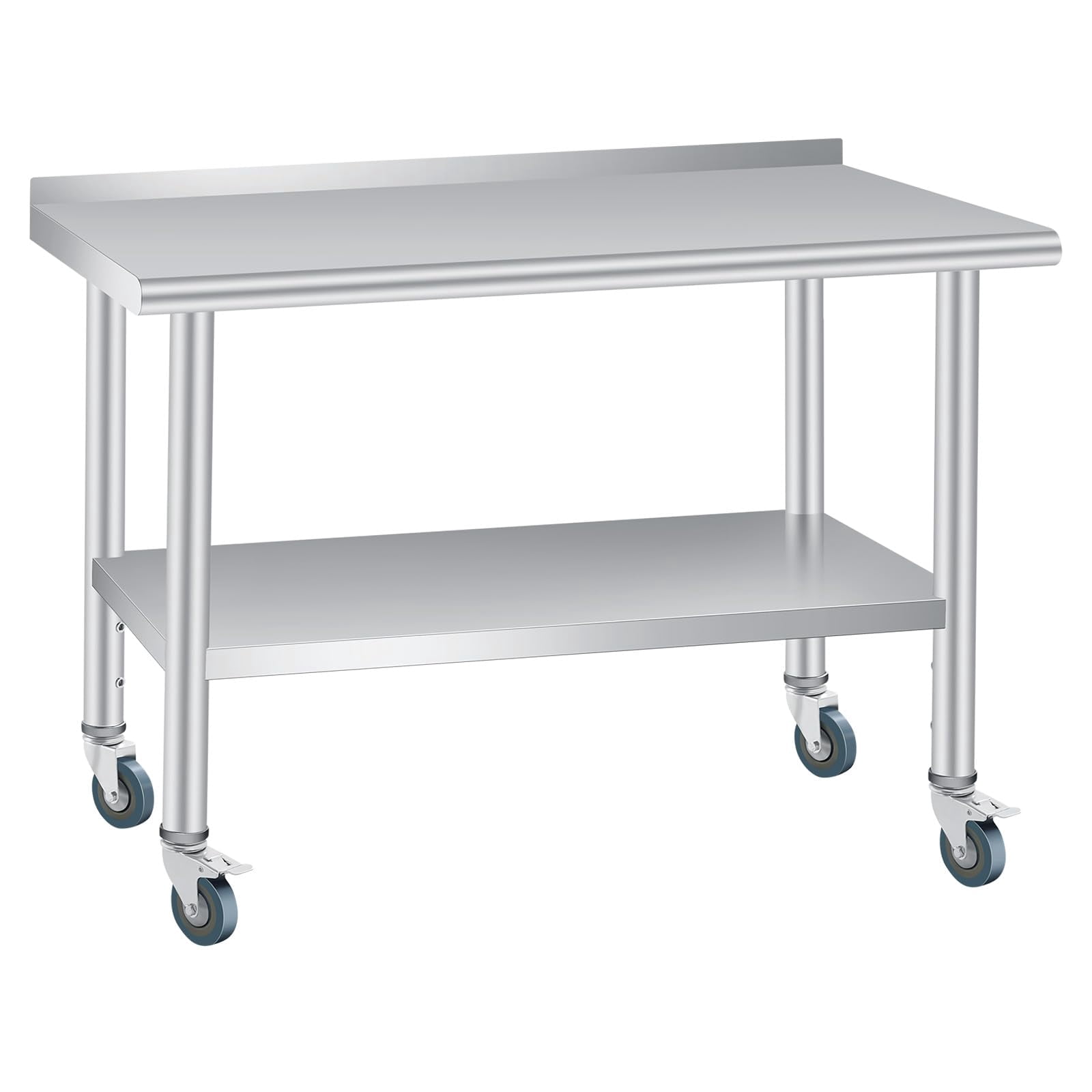 Stainless Steel Prep Table, 60 x 24 in, with Backsplash, Adjustable Undershelf and 4 Caster Wheels, Commercial Heavy Duty Table with Adjustable Under Shelf for Outdoor Use,Restaurants,Hotels,Works