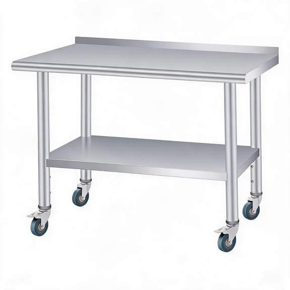 Stainless Steel Prep Table, Heavy Duty Commercial Work Table with 4 Caster Wheels, Adjustable Undershelf & Rounded Corners, Metal Kitchen Workbench for Restaurant, Garage and Outdoor