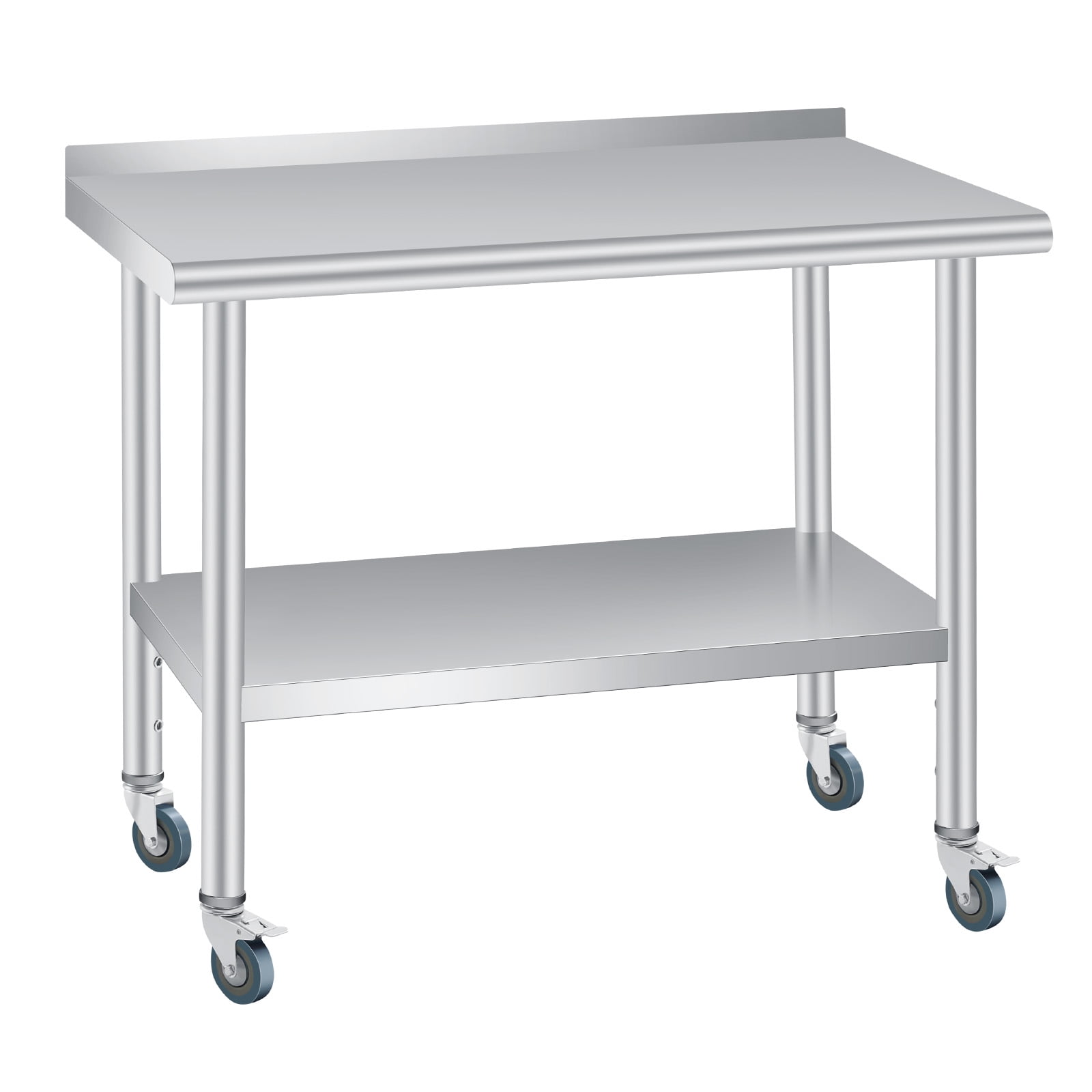 Stainless Steel Prep & Work Table with Backsplash - Adjustable Undershelf - 4 Locking Wheels - Commercial Kitchen Restaurant Home Outdoor Use - Size: 48x24 Inch