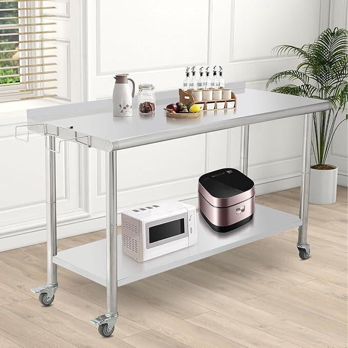 Stainless Steel Prep & Work Table with Caster Wheels, Heavy Duty Workbench with Removable Trash Rack & Backsplash