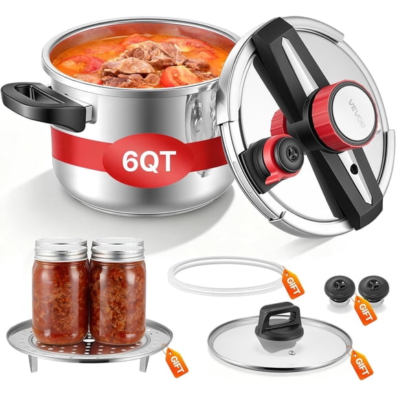 Stainless Steel Pressure Cooker Canner 10Qt with Steaming Rack, Tempered Glass Lid & Three Pressure Settings for Meat, Beans, Soup