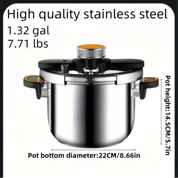Stainless Steel Pressure Cooker with One-Touch Locking Lid for Fast Cooking, Compatible with Induction and Gas Stoves, Featuring Safety Valve and Pressure Gauge, Durable Construction for Indoor
