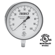 Stainless Steel Pressure Gauge, Lower Conn. 1/4 NPT 4.5- Trerice 0 - 200 psi