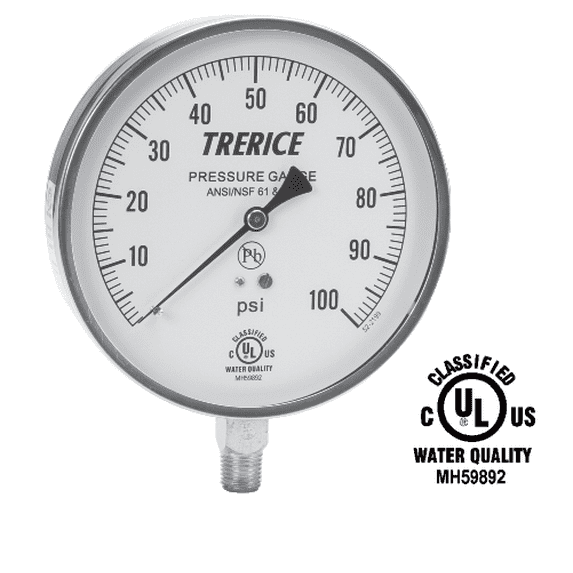 Stainless Steel Pressure Gauge, Lower Conn. 1/4" NPT 4.5"- Trerice (0-60 psi)