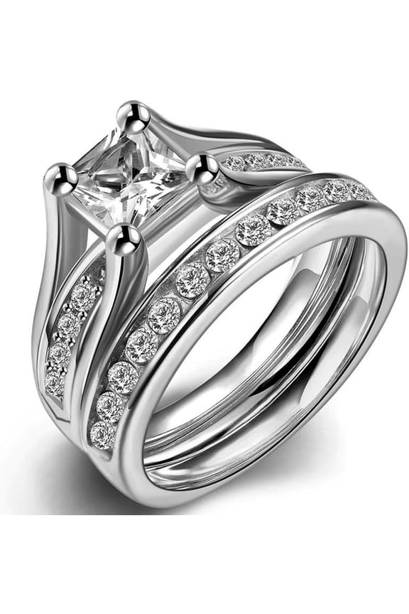Stainless Steel Princess Cut Wedding Engagement Ring Set Anniversary Propose Eternity Bridal Halo