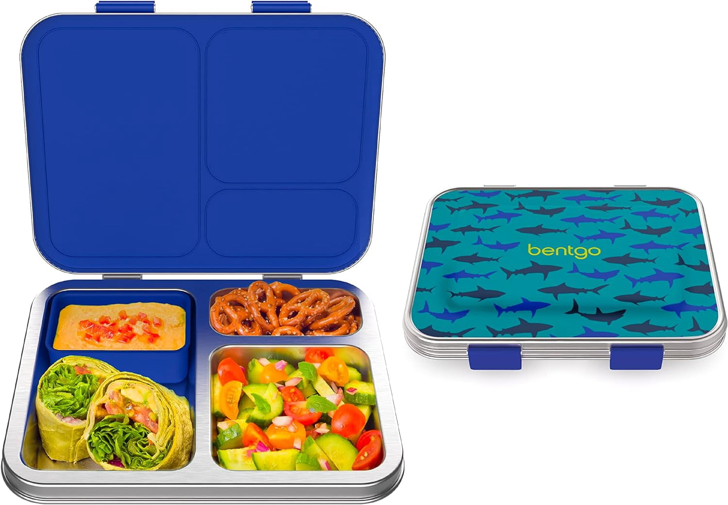 Stainless Steel Prints Leak-Resistant Lunch Box - Bento-Style With Updated Latches, 3 Compartments & Container - Eco-Friendly, Dishwasher Safe, BPA-Free (Shark)