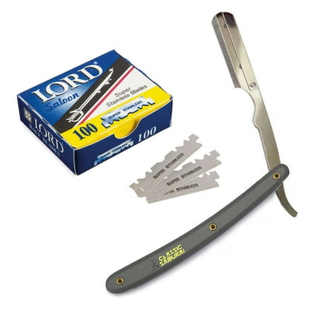 Stainless Steel Professional Barber Straight Edge Gray Razor with 100 Lord Single Edge Razor Blades