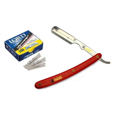 Stainless Steel Professional Barber Straight Edge Red Razor with 100 Lord Single Edge Razor Blades