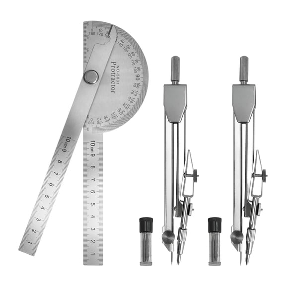 Stainless Steel Protractor and Compass Set 10cm 2 Compasses