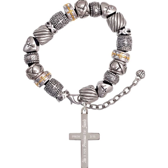 Stainless Steel Proverbs 3:15 - She is Precious Engraved Cross - Silver Tone Christian Bead Bracelet