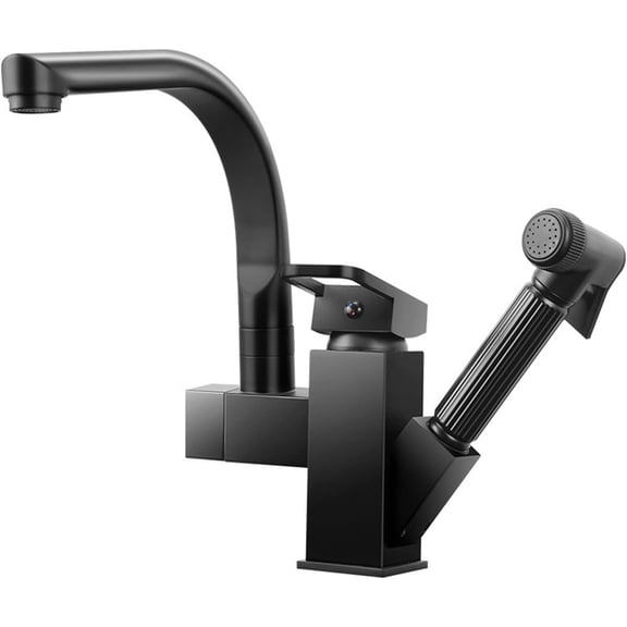 Stainless Steel Pull Out Kitchen Faucet Hot Cold Water Mixer Tap with High Pressure Sprayer 360 Rotating Deck Mounted