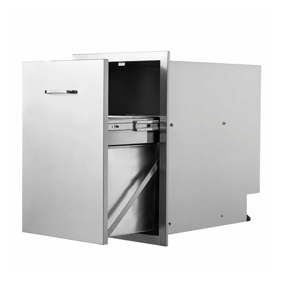 Stainless Steel Pull Out Trash Drawer 17.7x25x22.8 Inch, Outdoor Kitchen Trash Bin with Handle, Raised Style BBQ Island Waste Container