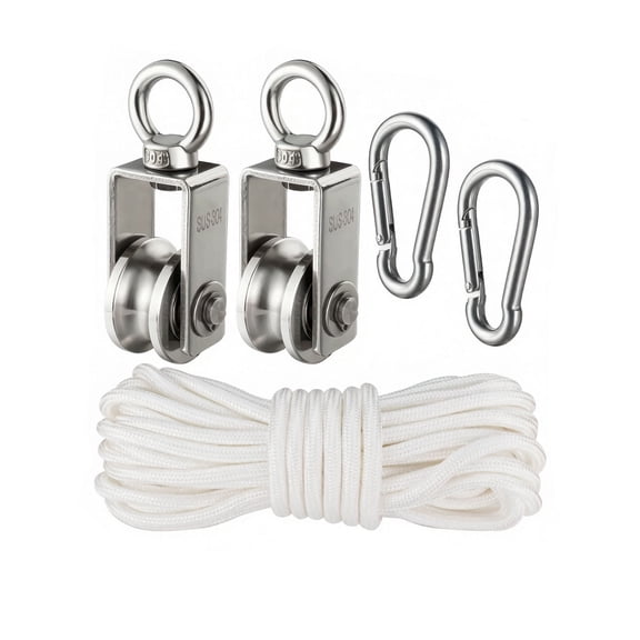 Stainless Steel Pulley System with 32-Foot Rope and Hooks. Suitable for Fitness Equipment Accessories, Clotheslines, and Garages