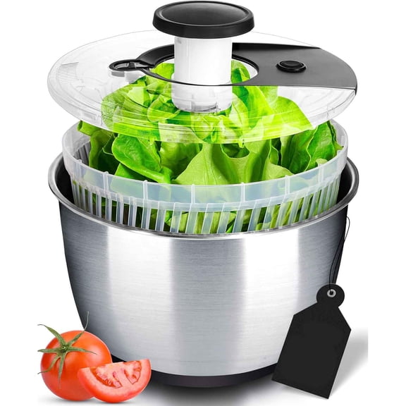 Stainless Steel Pump Salad Spinner - Easy Compact Kitchen Tool - Stainless Steel Bowl, Drain & Colander - Lettuce Spinner, Vegetable Dryer, Fruit Washer, Pasta & Fries Produce Strainer