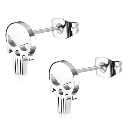 Stainless Steel Punisher Skull Cut-Out Button Stud Post Earrings