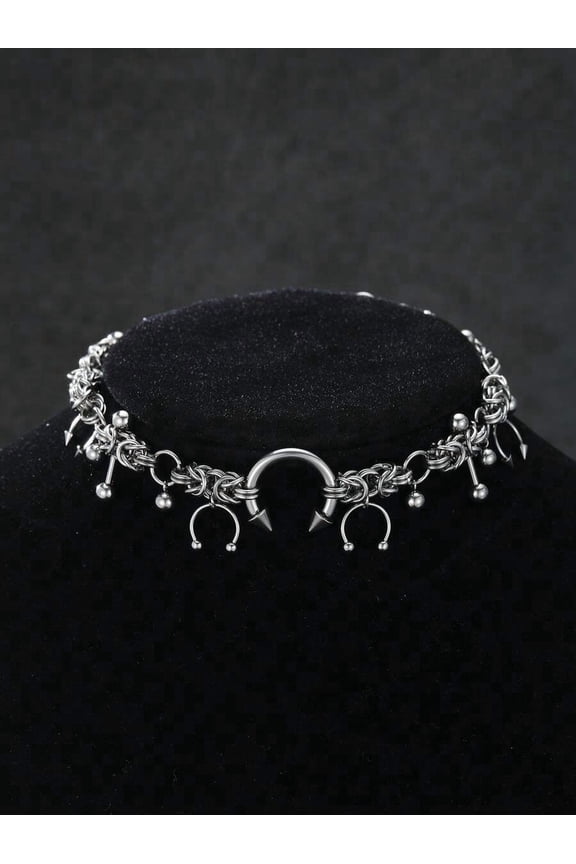 Stainless Steel Punk Choker Necklace With Spikes And Hoops Style 2