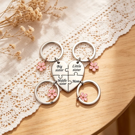 Stainless Steel Puzzle Heart Matching Keychain & Necklace Set, 3/4 Pieces Split Heart Jewelry for Mom & Daughters, Sister Friendship Family Matching Gift for Mother’s Day Christmas Birthday
