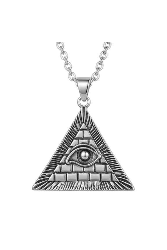 Stainless Steel Pyramid Eye Pendant Necklace Sacred Geometry Triangle Amulet Symbolic Charm with 18 Inch Cable Chain Engraved Statement Jewelry 45x37mm