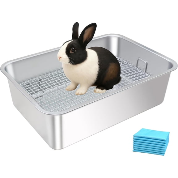Stainless Steel Rabbit Litter Box,Bunny Litter Pan with Widened Grid,Toilet Tray,Deep Waste Storage