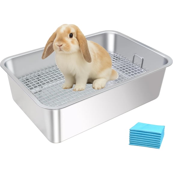 Stainless Steel Rabbit Litter Box,Bunny Litter Pan with Widened Grid,Toilet Tray,High Back Wall,Deep Waste Storage (Medium)