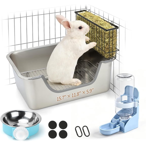Stainless Steel Rabbit Litter Box with Hay Feeder & Water Dispenser, Metal Bunny Litter Box with Sifting Tray, High-Sided Rabbit Potty Pan for Small Animals, Quick Cleaning, Odor Control