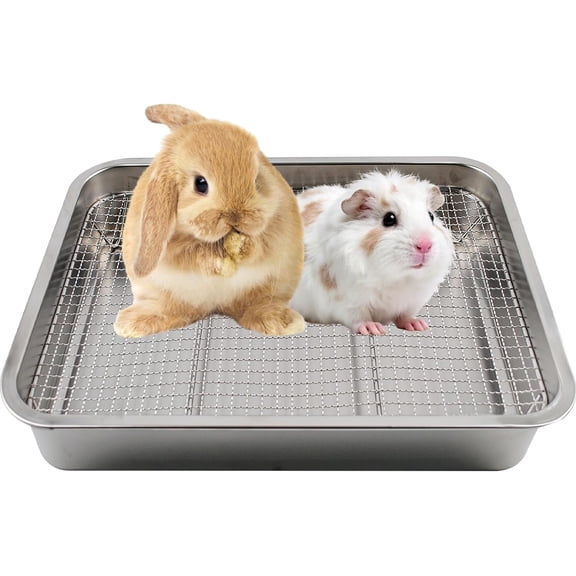 Stainless Steel Rabbit Litter Box,Metal Litter Tray for Rabbits,Large Space Stainless Steel Bunny Litter Pan with Grid,Small Animal Toilet Training Accessories for Cats Guinea Pig Hamster