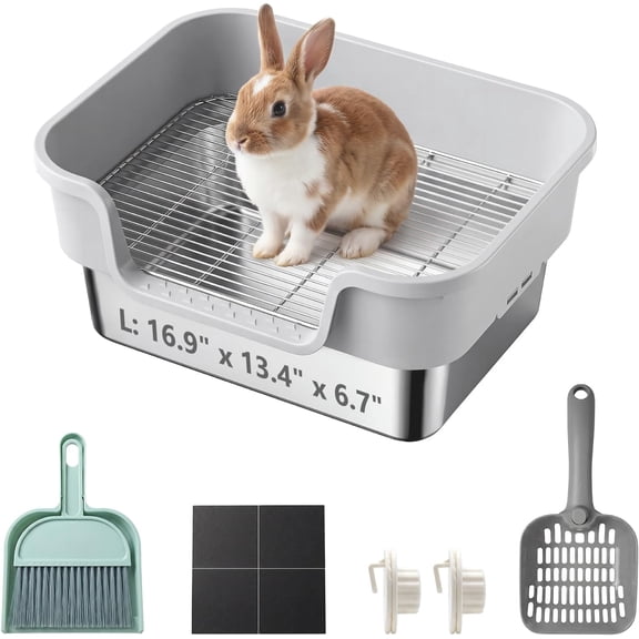 Stainless Steel Rabbit Litter Box with Safety Grid, Large Sifting Bunny Litter Pan for Small Animals, Guinea Pig, Ferret, Easy to Clean, Anti-Urine Leakage Metal Pet Toilet (16.9"  13.4"  6.7")
