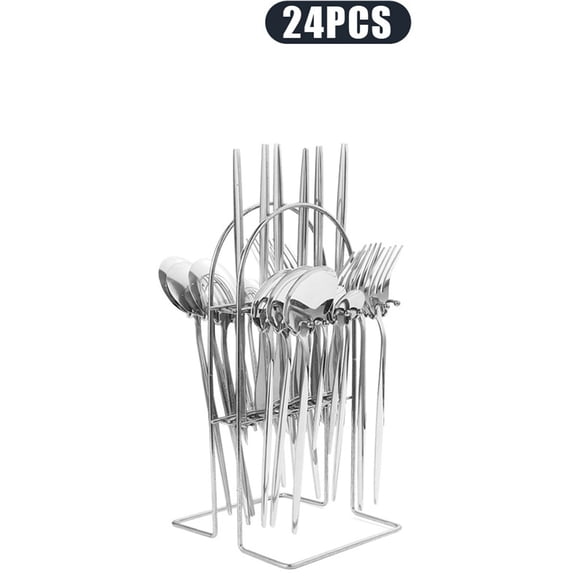 （Stainless Steel Rack）24 Pieces Silverware Set, Stainless Steel Flatware Cutlery Set for 6, Fancy Tableware Eating Utensils for Home Kitchen Restaurant Hotel，Silver