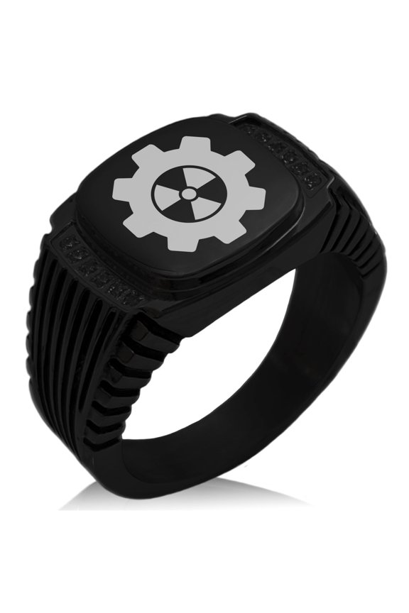 Stainless Steel Radioactive Gear CZ Ribbed Needle Stripe Pattern Biker Style Polished Ring