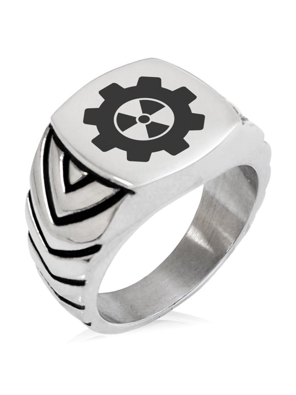 Stainless Steel Radioactive Gear Chevron Pattern Biker Style Polished Ring