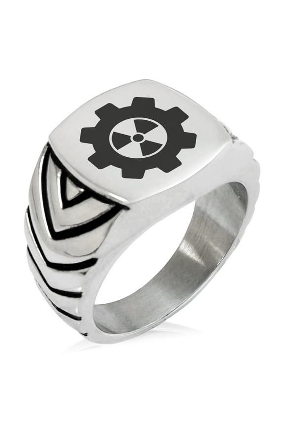 Stainless Steel Radioactive Gear Chevron Pattern Biker Style Polished Ring