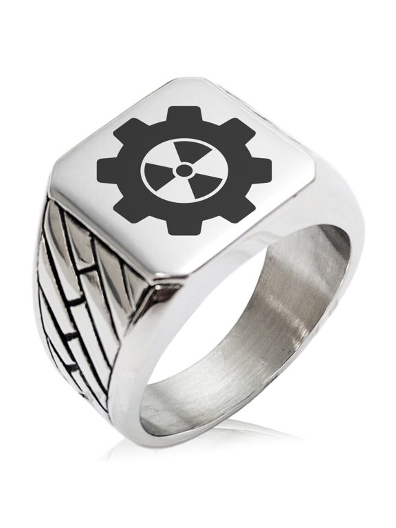 Stainless Steel Radioactive Gear Geometric Pattern Biker Style Polished Ring