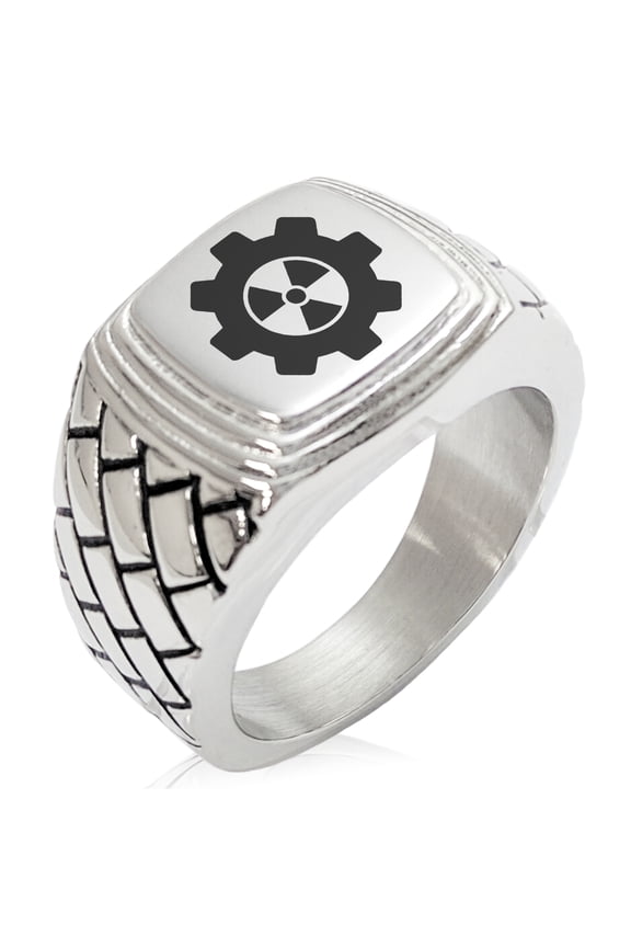 Stainless Steel Radioactive Gear Geometric Pattern Step-Down Biker Style Polished Ring