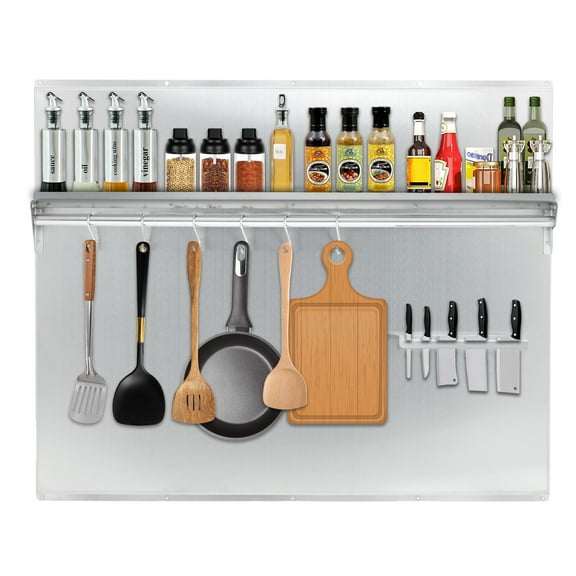 Stainless Steel Range Backsplash for Stove Hood, Wall Mount Kitchen Back Panel with Storage Shelf & Knife Rack, Install with Pre-Drilled Holes, Commercial Backsplash Shield for Easy Installation