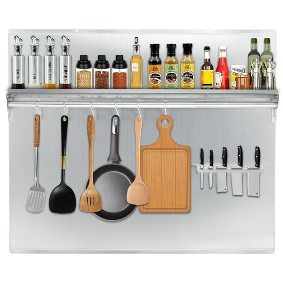 Stainless Steel Range Backsplash for Stove Hood, Wall Mount Kitchen Back Panel with Storage Shelf & Knife Rack, Install with Pre-Drilled Holes, Commercial Backsplash Shield for Easy Installation