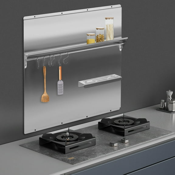 Stainless Steel Range Backsplash with Storage Shelf & Knife Rack, Wall-Mounted Kitchen Organizer with Hooks for Condiments and Tools