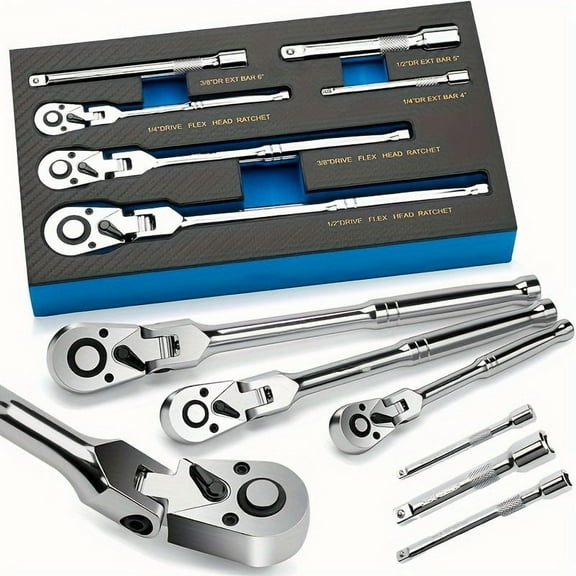 Stainless Steel Ratchet Wrench Set, 1/4 3/8 1/2 Inch 2-Tooth Rotating Head with Extension Bar & EVA Storage Box, Chrome Plated